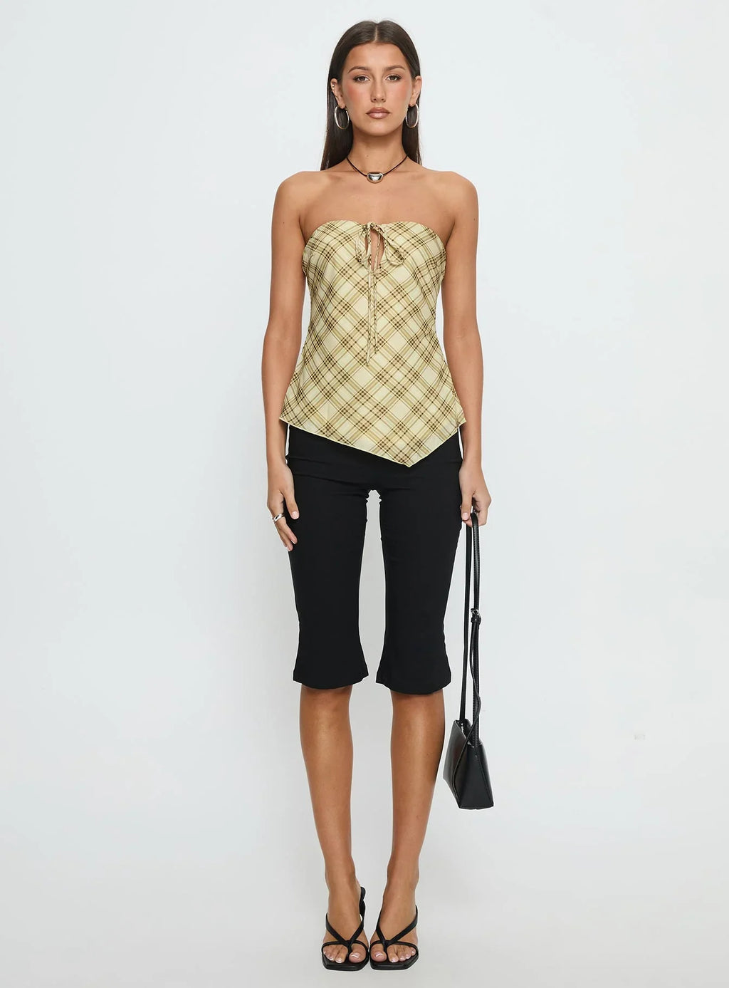 I Wonder Strapless Cut Out Top Yellow Check