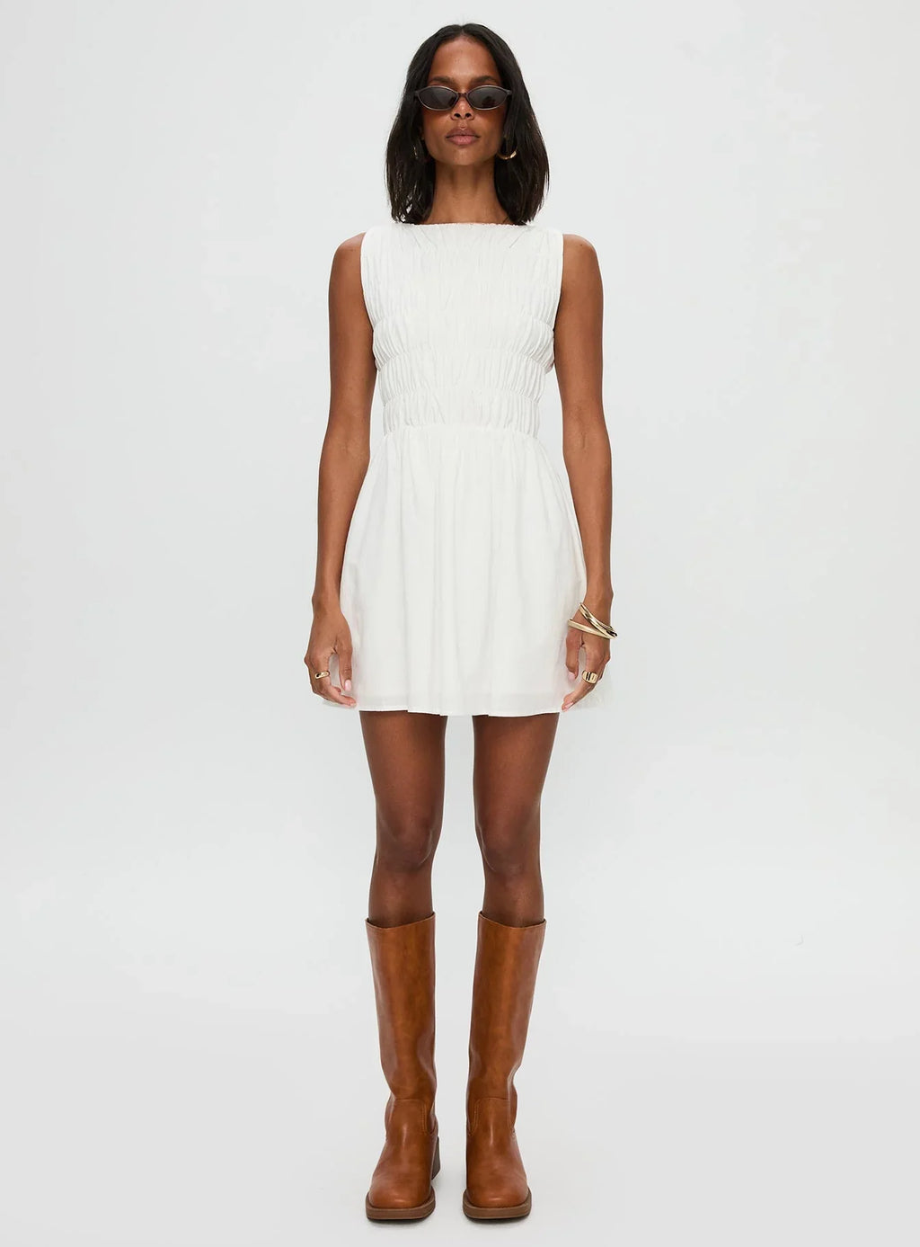 Melona Shirred Mini Dress White