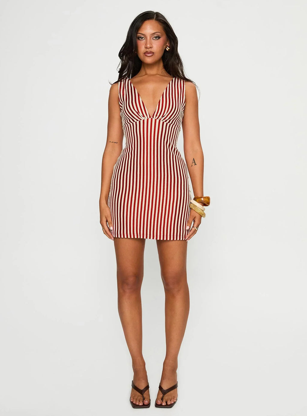 Daphney Plunge Mini Dress Red Cream