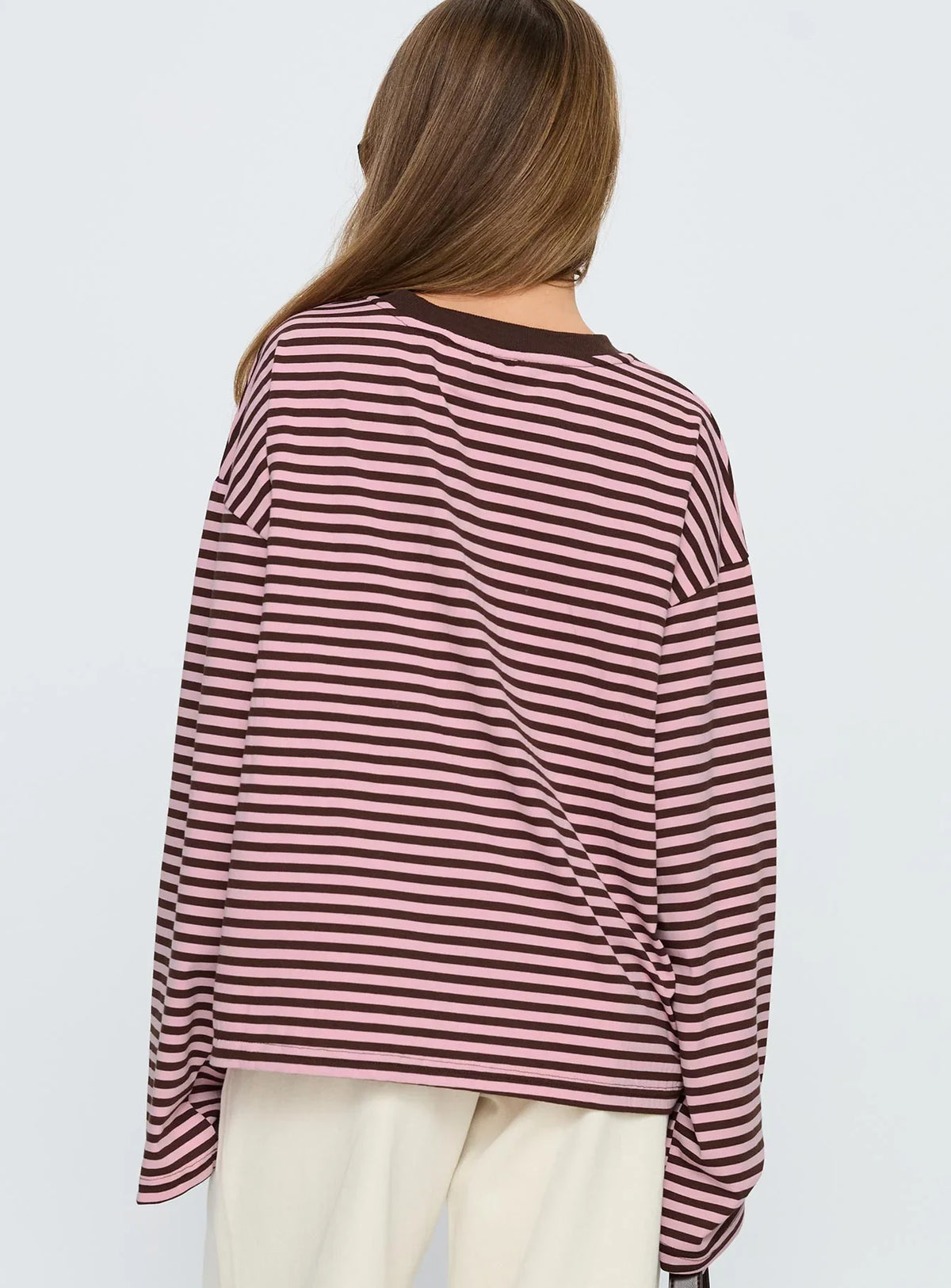 Settle Down Long Sleeve Top Pink Brown Stripe