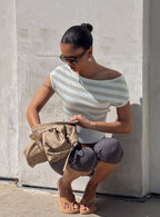 Vianne Cinched Waist Short Sleeve Knit Top Blue Grey Stripe