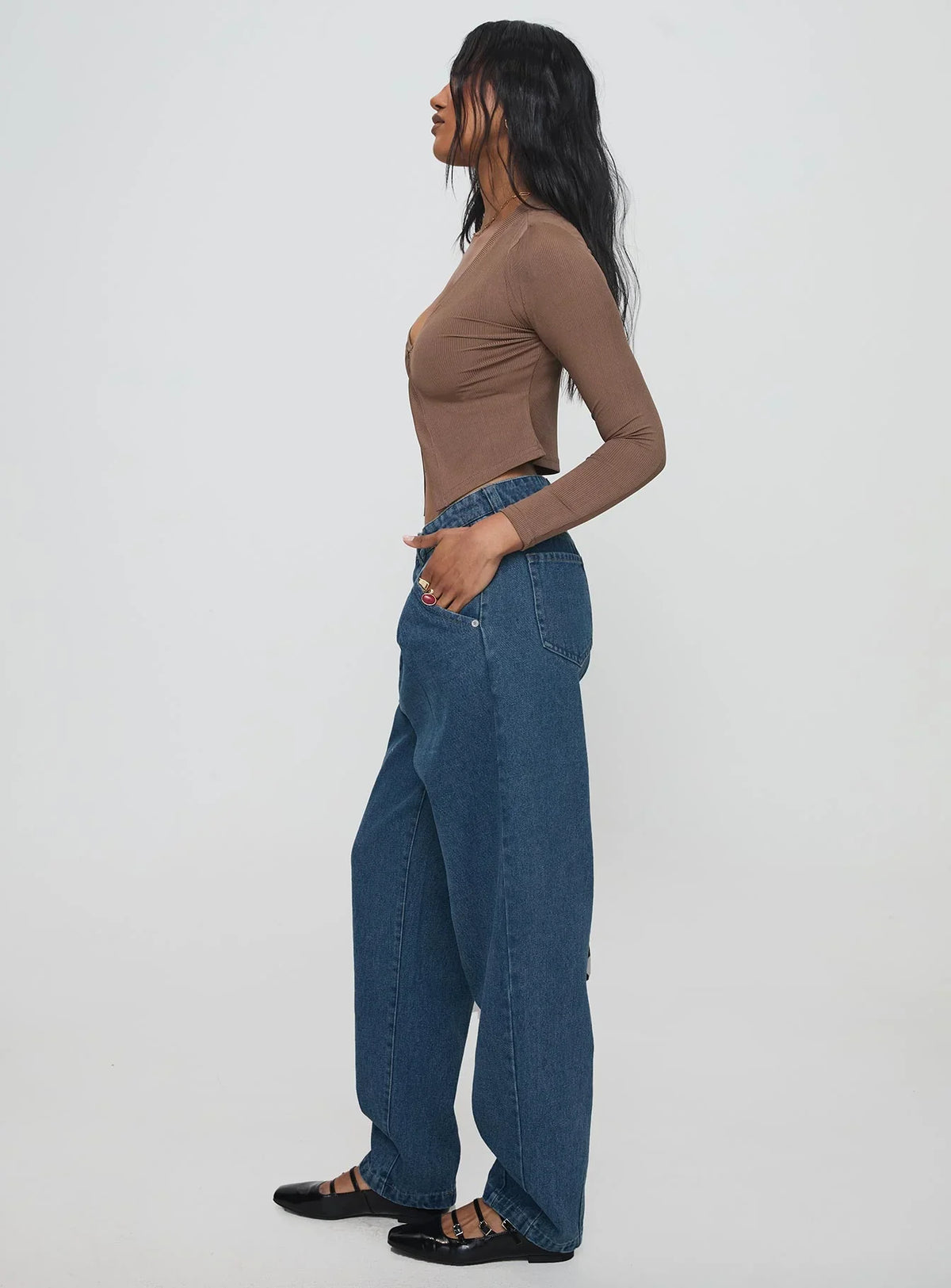 Forestier Mid Rise Barrel Leg Pin Tuck Jeans Mid Blue