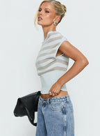 Vianne Cinched Waist Short Sleeve Knit Top Blue Grey Stripe