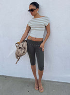 Vianne Cinched Waist Short Sleeve Knit Top Blue Grey Stripe
