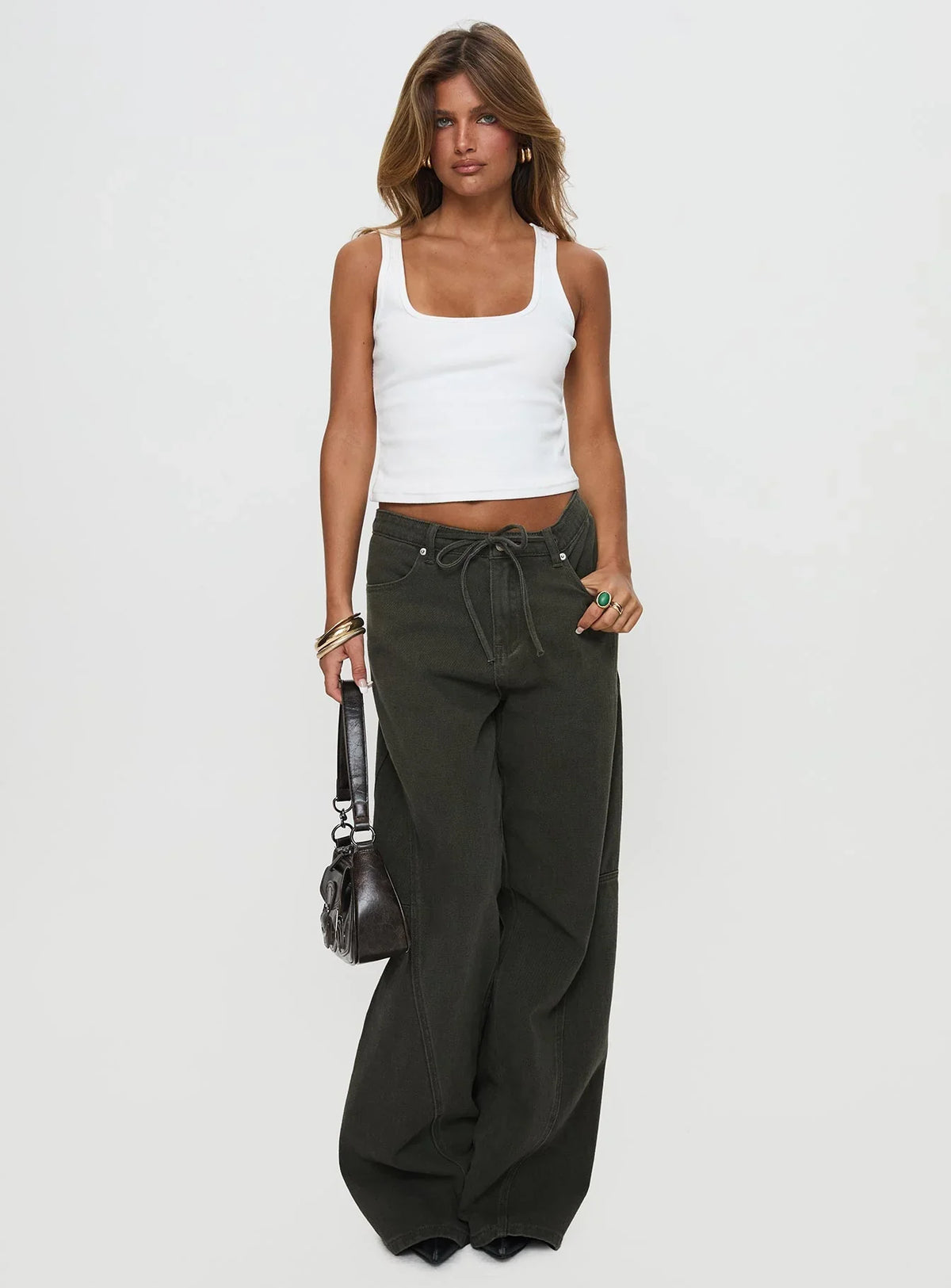 Bruiser Tie Waist Mid Rise Wide Leg Jeans Green