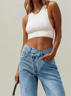 Holly Mid Rise Straight Leg Asymmetric Jean Light Wash Denim