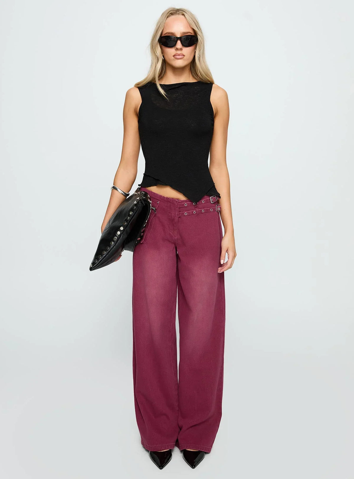 Paltrow Mid Rise Wide Leg Cargo Jeans Washed Burgundy