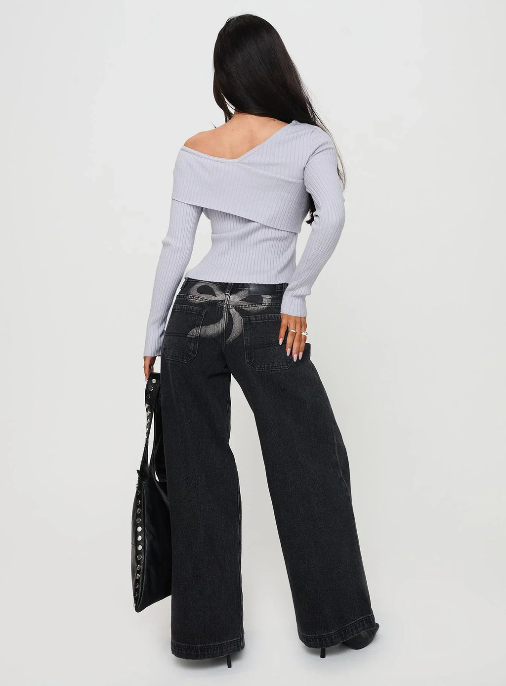 Ribbon Stamp Low Rise Wide Leg Jeans Washed Black