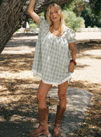 Embracing Puff Sleeve Swing Mini Dress Blue Check
