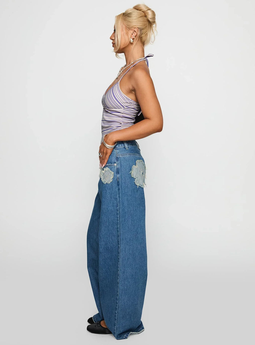 A Keeper Flower Patch Low Rise Wide Leg Jeans Mid Blue