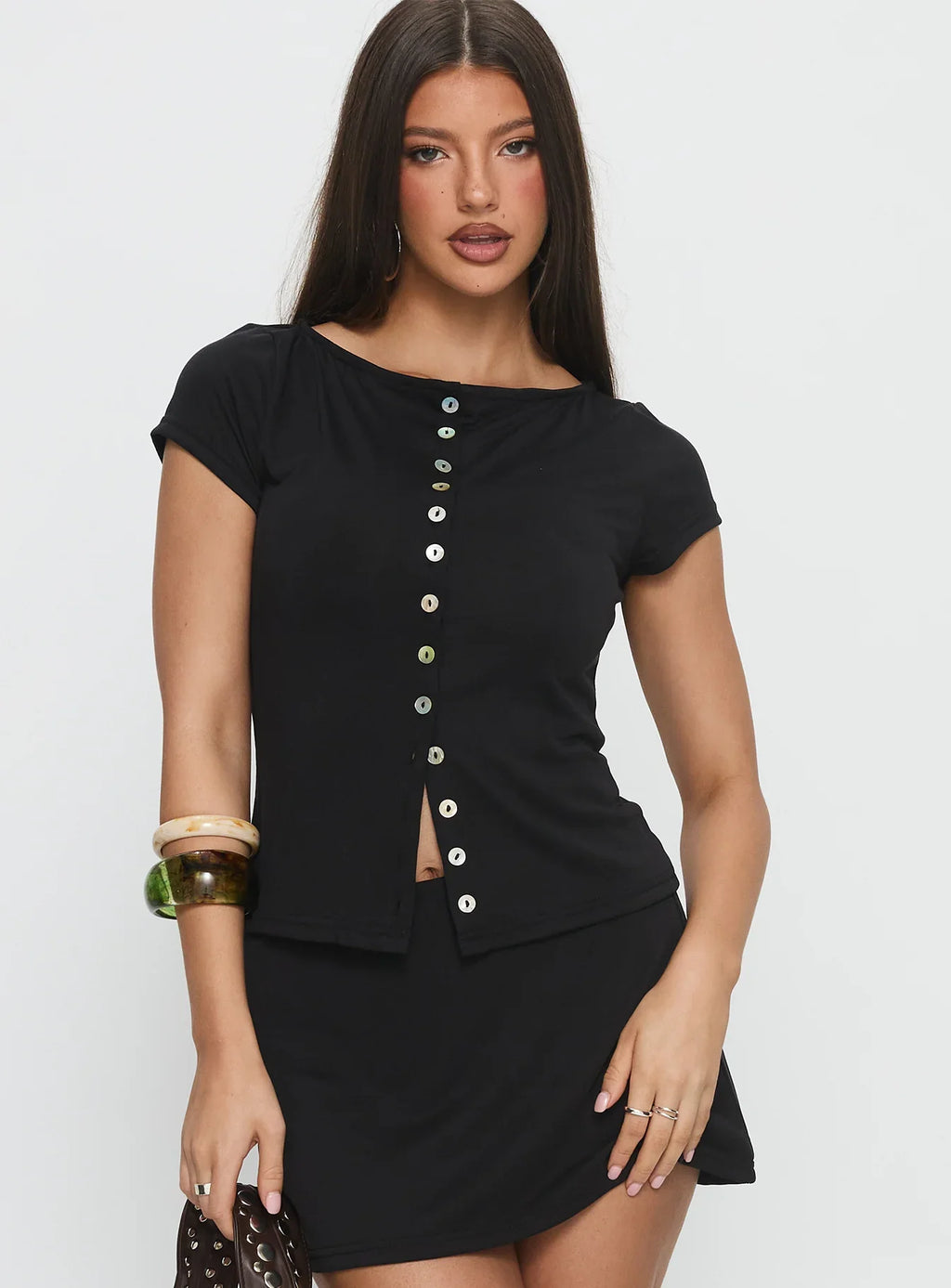 Angellina Jersey Button Down Top Black