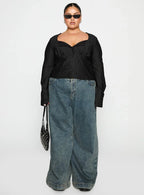Set For Life Foldover Detail Long Sleeve Top Black White Pinstripe Curve