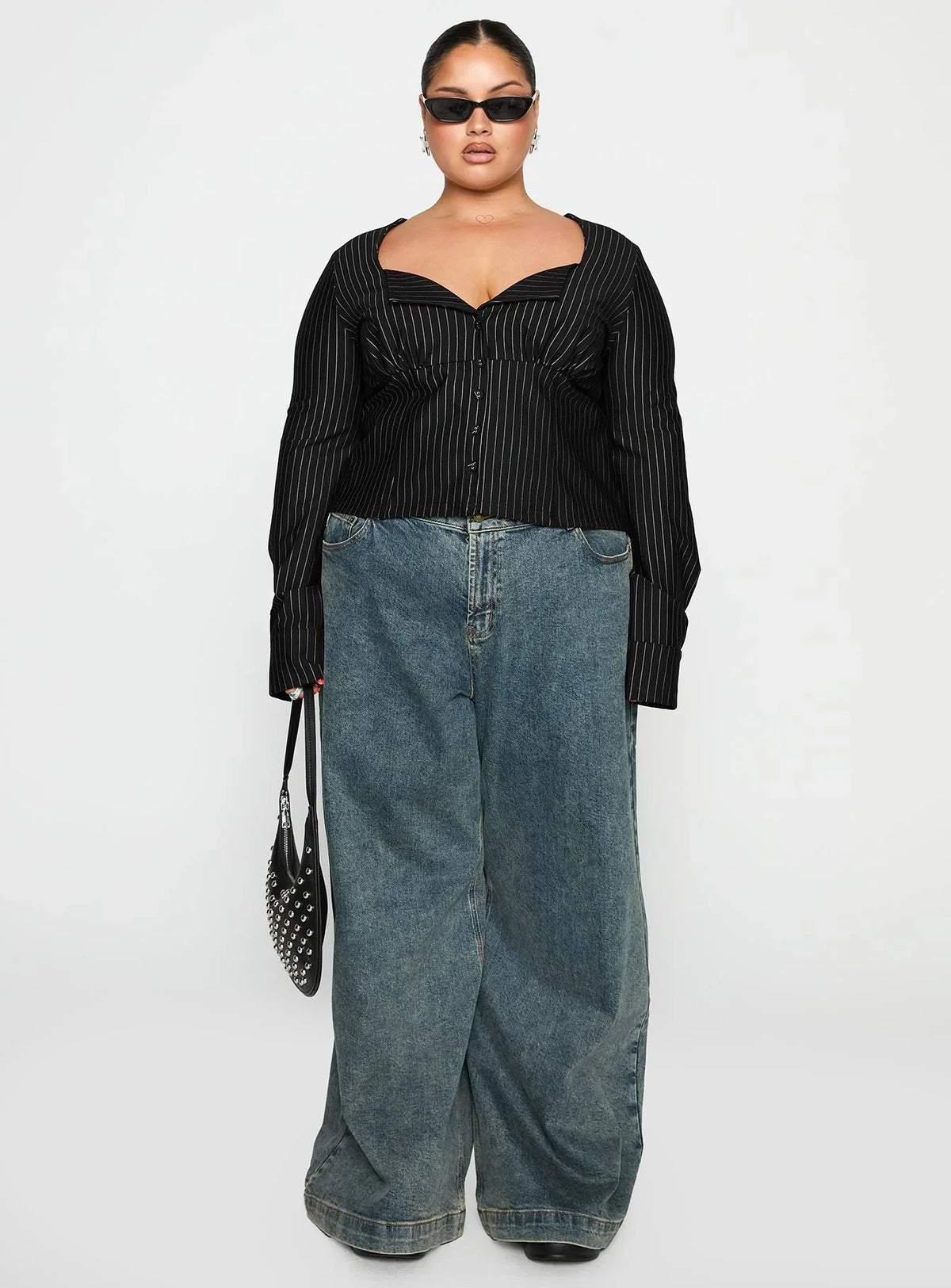 Set For Life Foldover Detail Long Sleeve Top Black White Pinstripe Curve