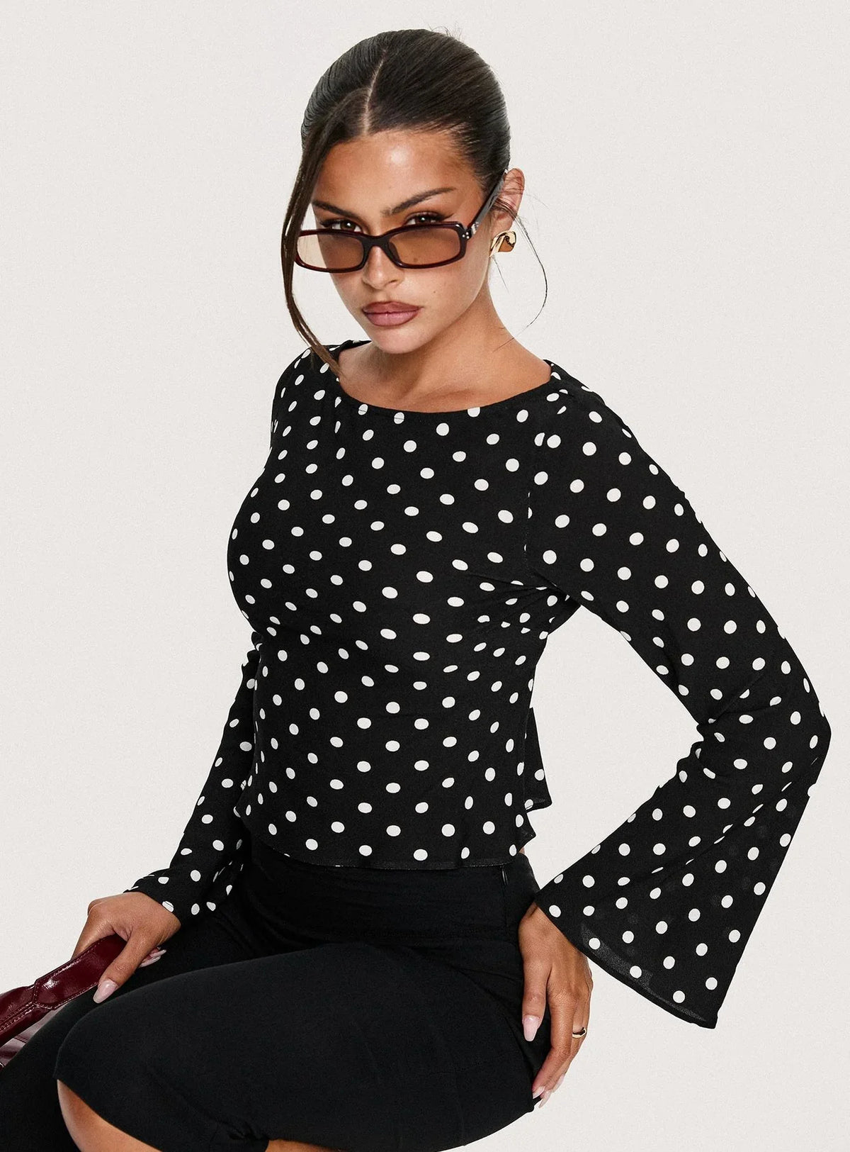 Lady Lady Long Sleeve Backless Top Black White Polka