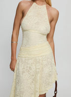 Emmalie Lace Asymmetrical Midi Dress Butter Yellow