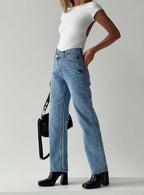 Holly Mid Rise Straight Leg Asymmetric Jean Light Wash Denim