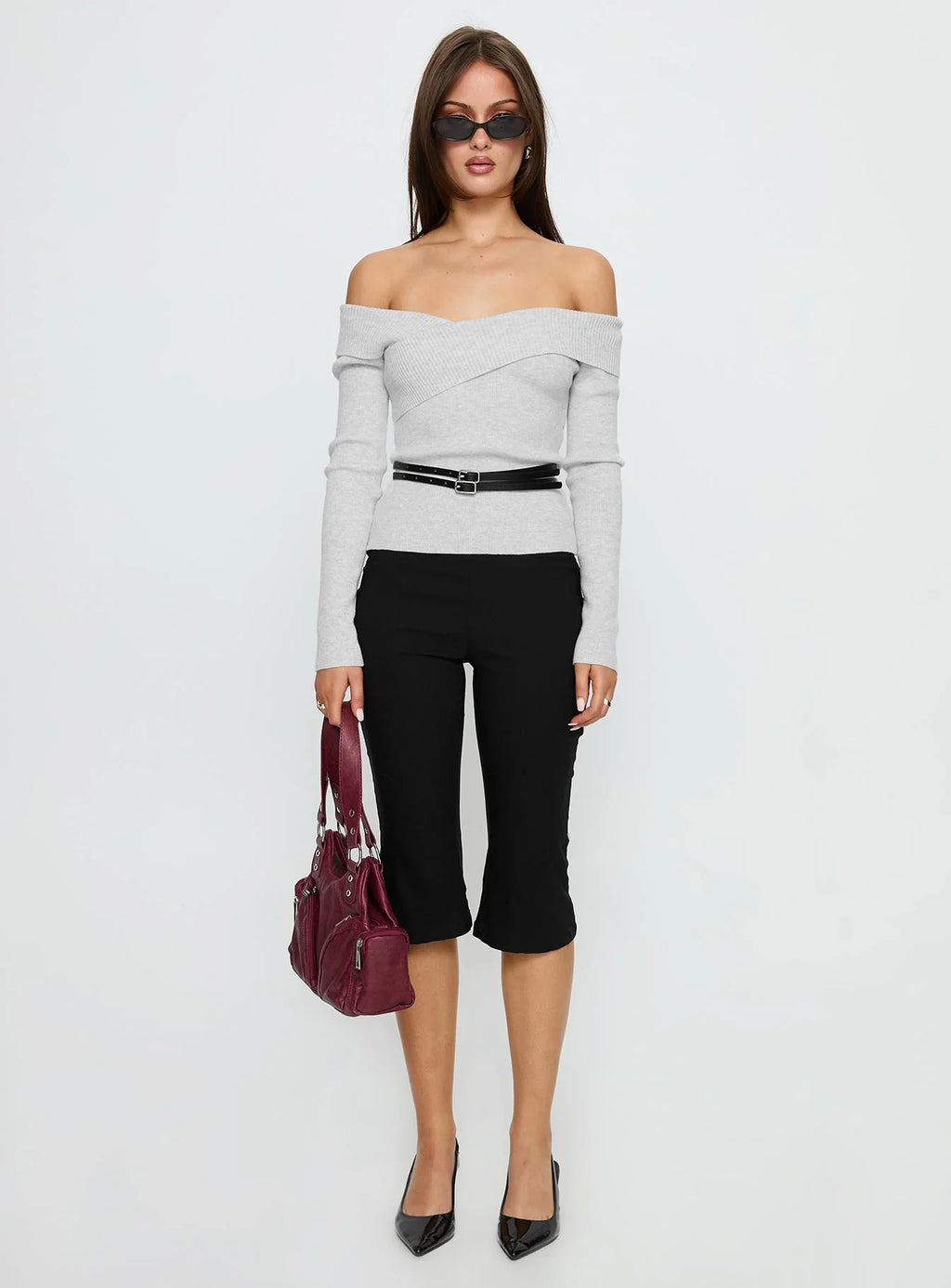 Ellenore Belt Detail Off Shoulder Top Grey