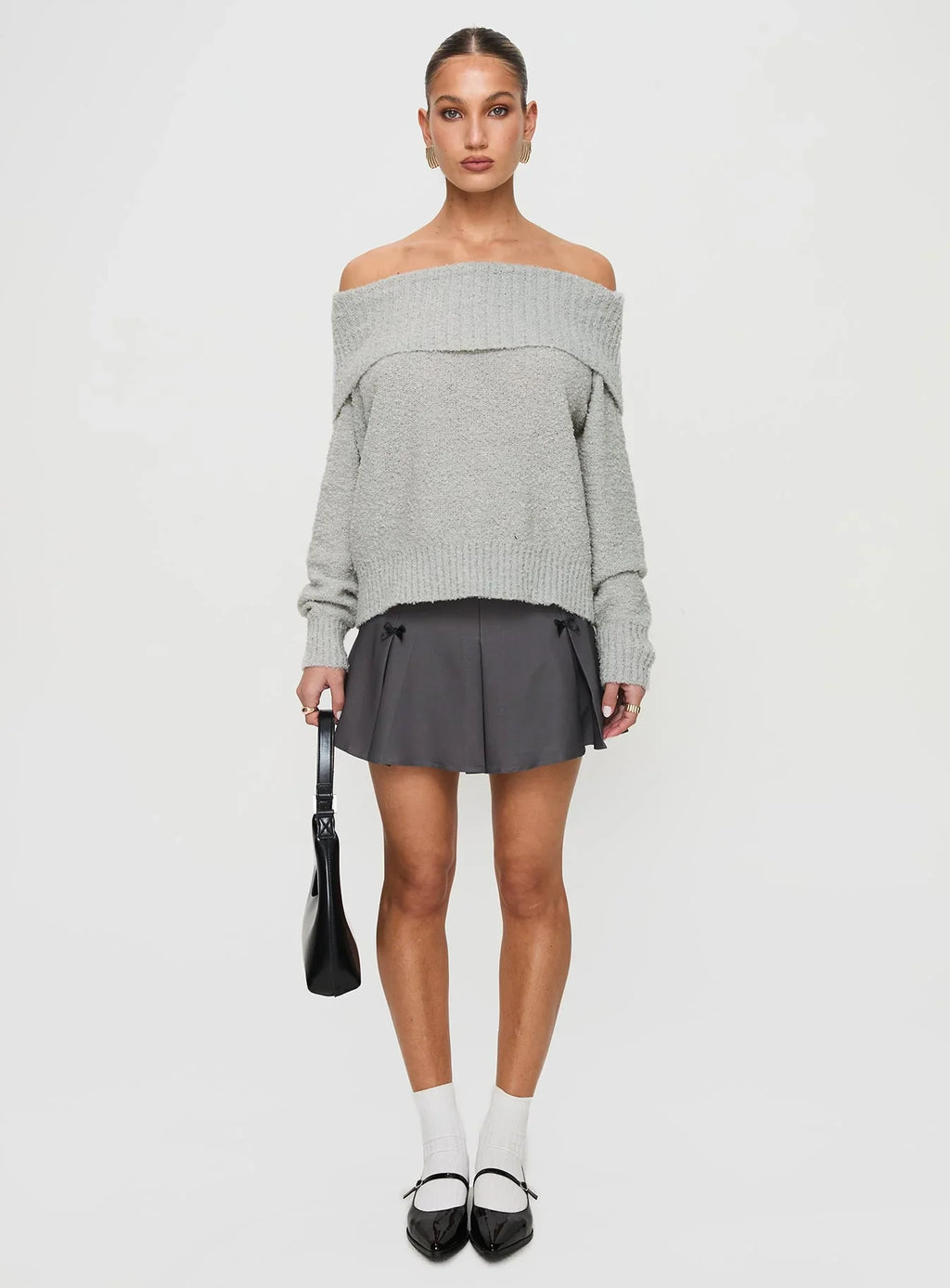 Parkley Boucle Off The Shoulder Sweater Grey Marle