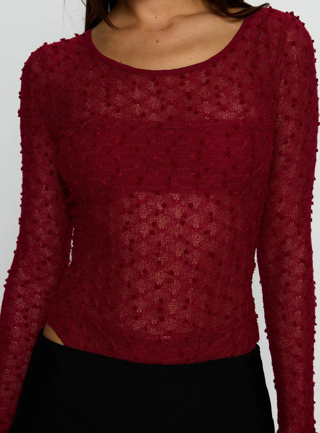 Harly Sheer Long Sleeve Bodysuit Red