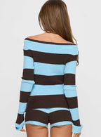 Ahani Off Shoulder Knit Top Blue Brown