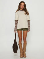 Ryann Long Sleeve Layered Top Cream Brown Stripe