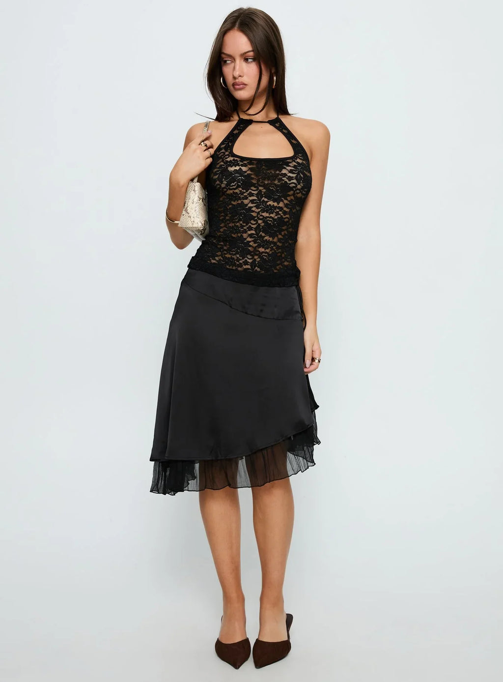 Janais Lace Tie Neck Top Black