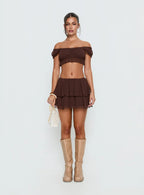 Ackee Ruched Off Shoulder Top Brown