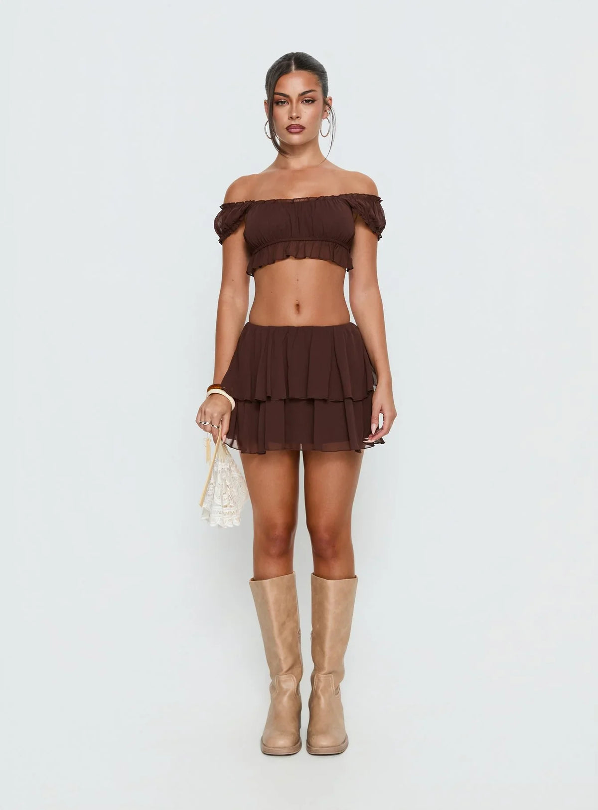 Ackee Ruched Off Shoulder Top Brown