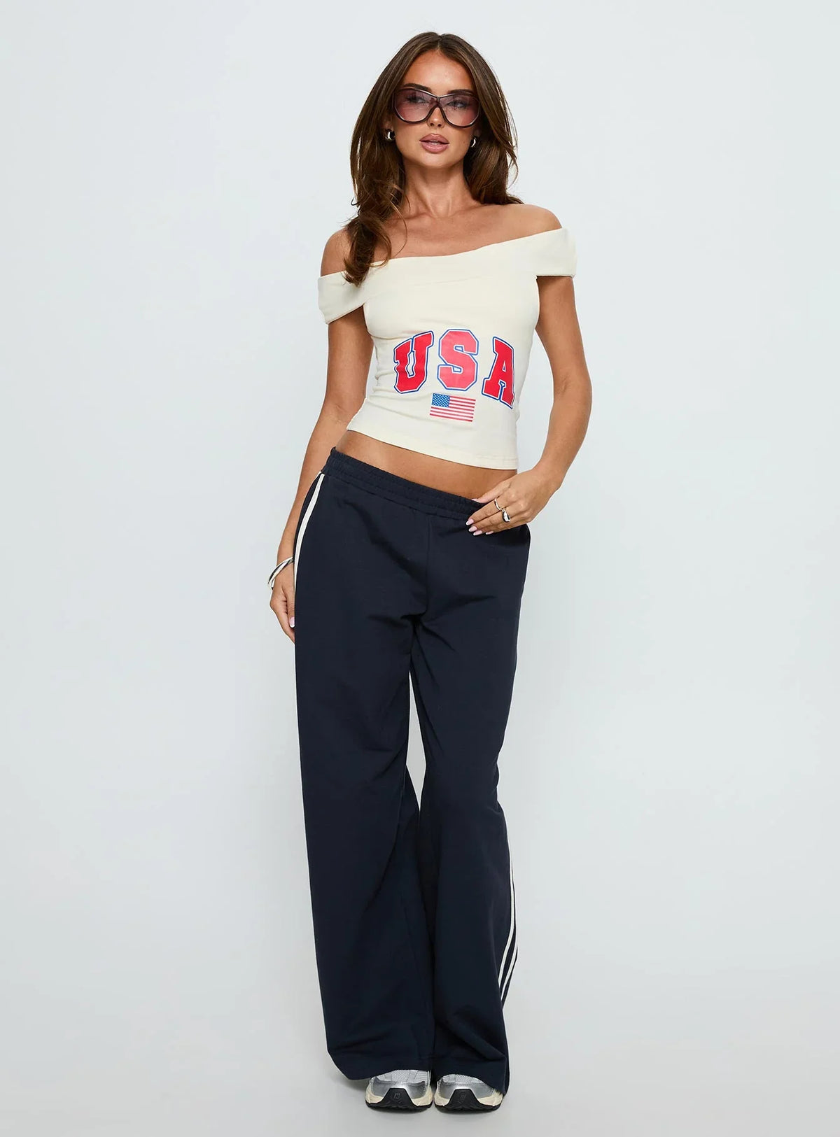 American Spirit Off the Shoulder Graphic Top Cream