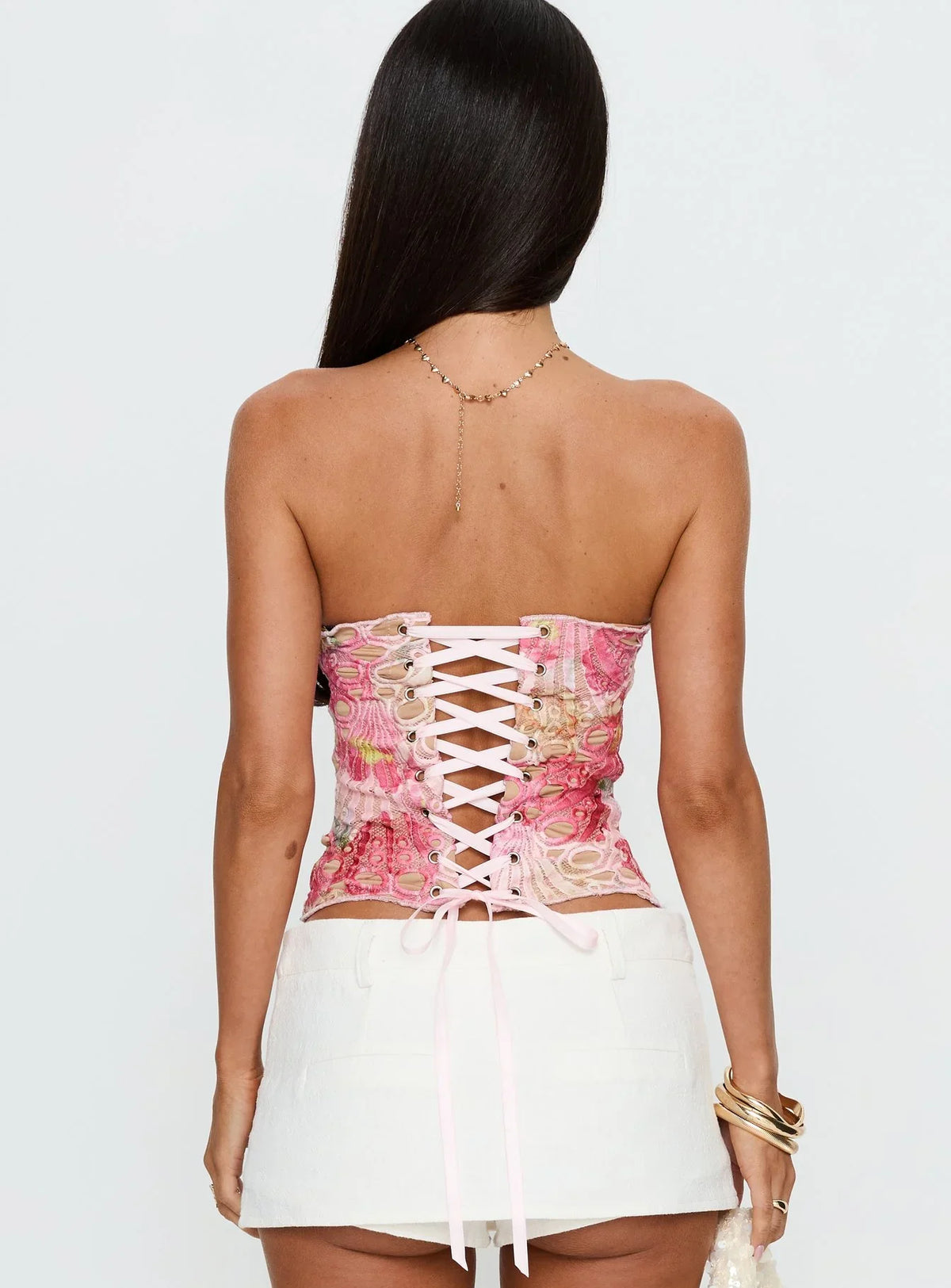 Raynelle Strapless Tie Back Corset Top Pink Multi