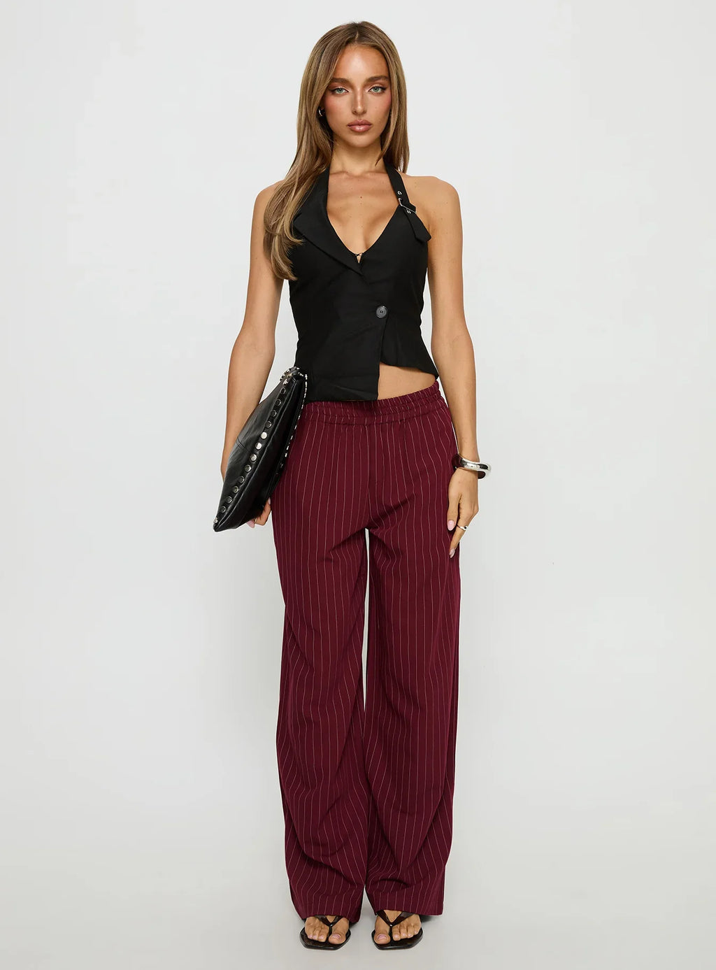 Jaysa Baggy Wide Leg Pant Burgundy Pinstripe