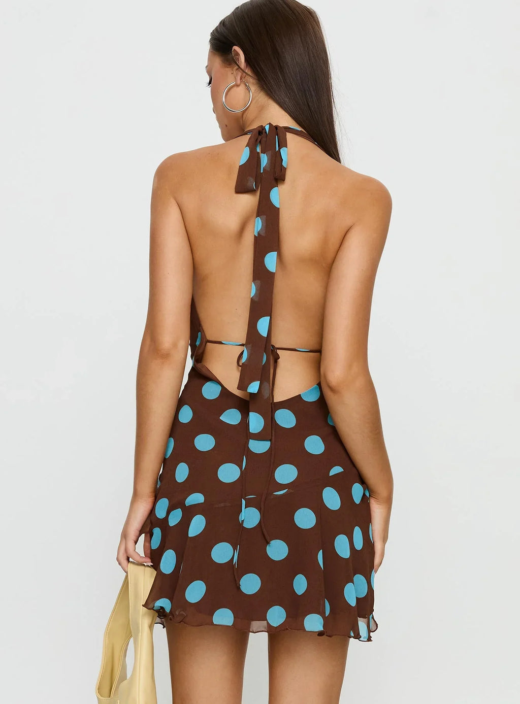 Karolie Halter Plunge Mini Dress Brown Blue Polka Dot