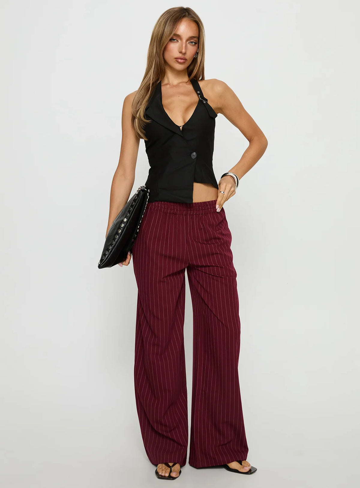 Jaysa Baggy Wide Leg Pant Burgundy Pinstripe