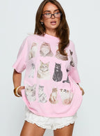 Feline Companions Oversized Graphic Tee Pink