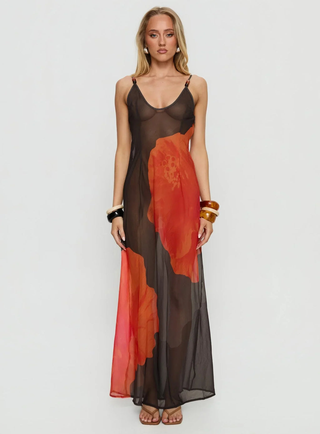 Carita Sheer Chiffon Maxi Dress Brown Orange Floral