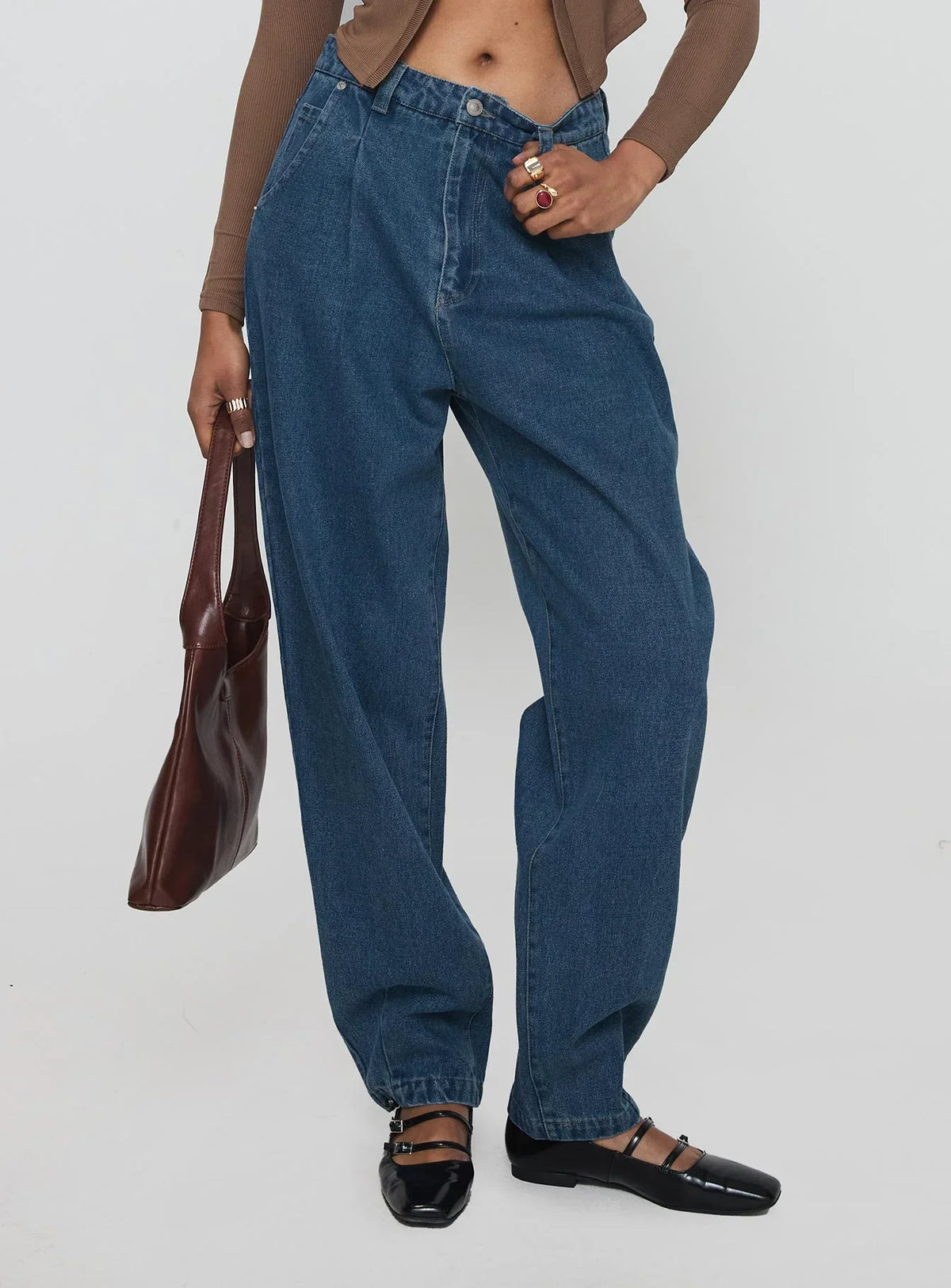 Forestier Mid Rise Barrel Leg Pin Tuck Jeans Mid Blue