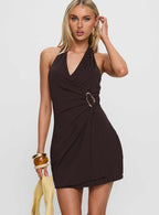 Koa Halter Ruched Mini Dress Brown