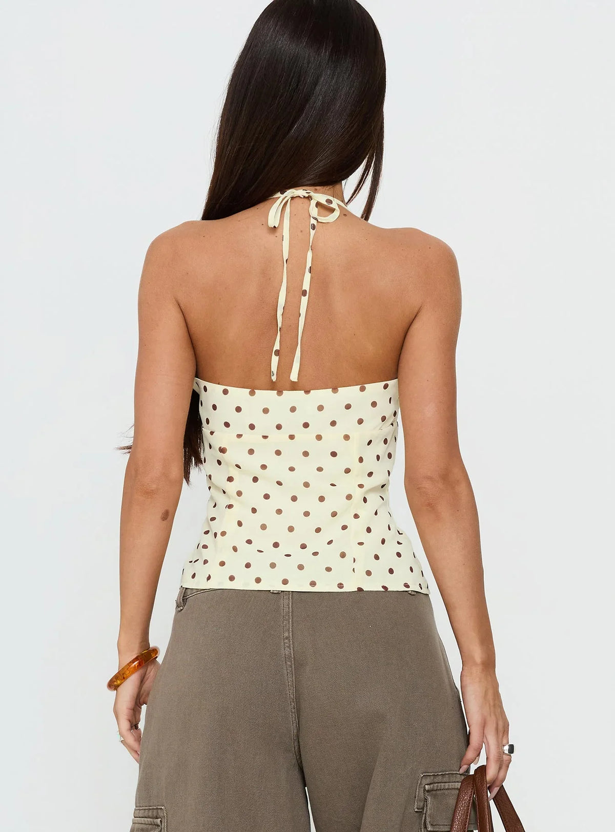 Bon Bon Tie Neck Top Yellow Brown Polka