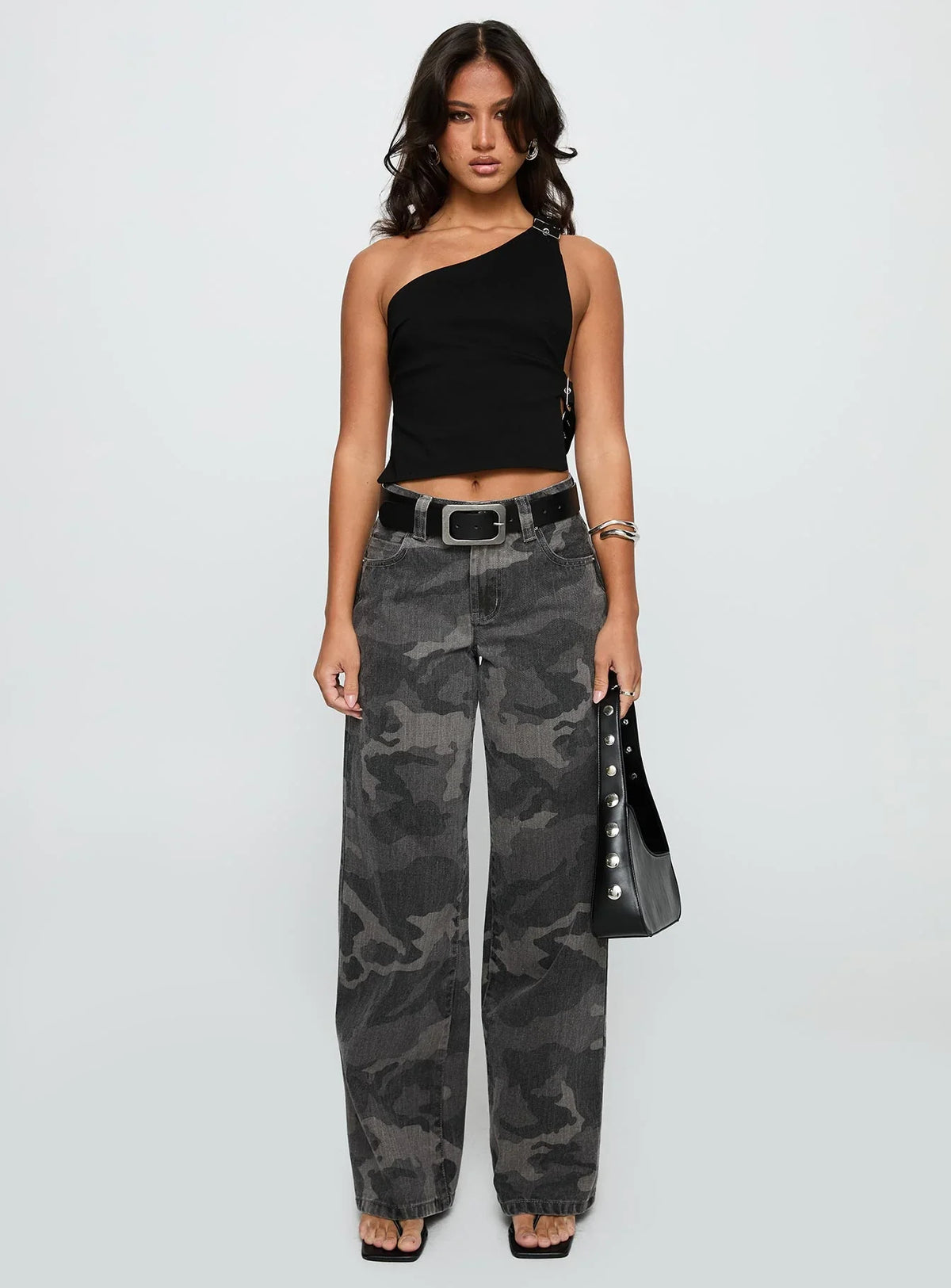 Big Talk Mid Rise Straight Leg Jeans Grey Washed Camo
