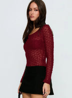 Harly Sheer Long Sleeve Bodysuit Red