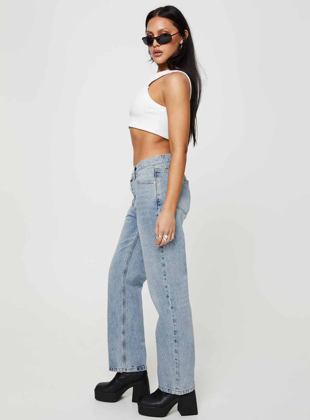 Holly Mid Rise Straight Leg Asymmetric Jean Light Wash Denim