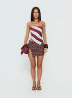 Lailana Tie Back Strapless Scarf Top Burgundy Blue Stripe