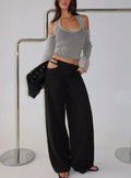 Venicia Belt Detail Suiting Pant Black Pinstripe
