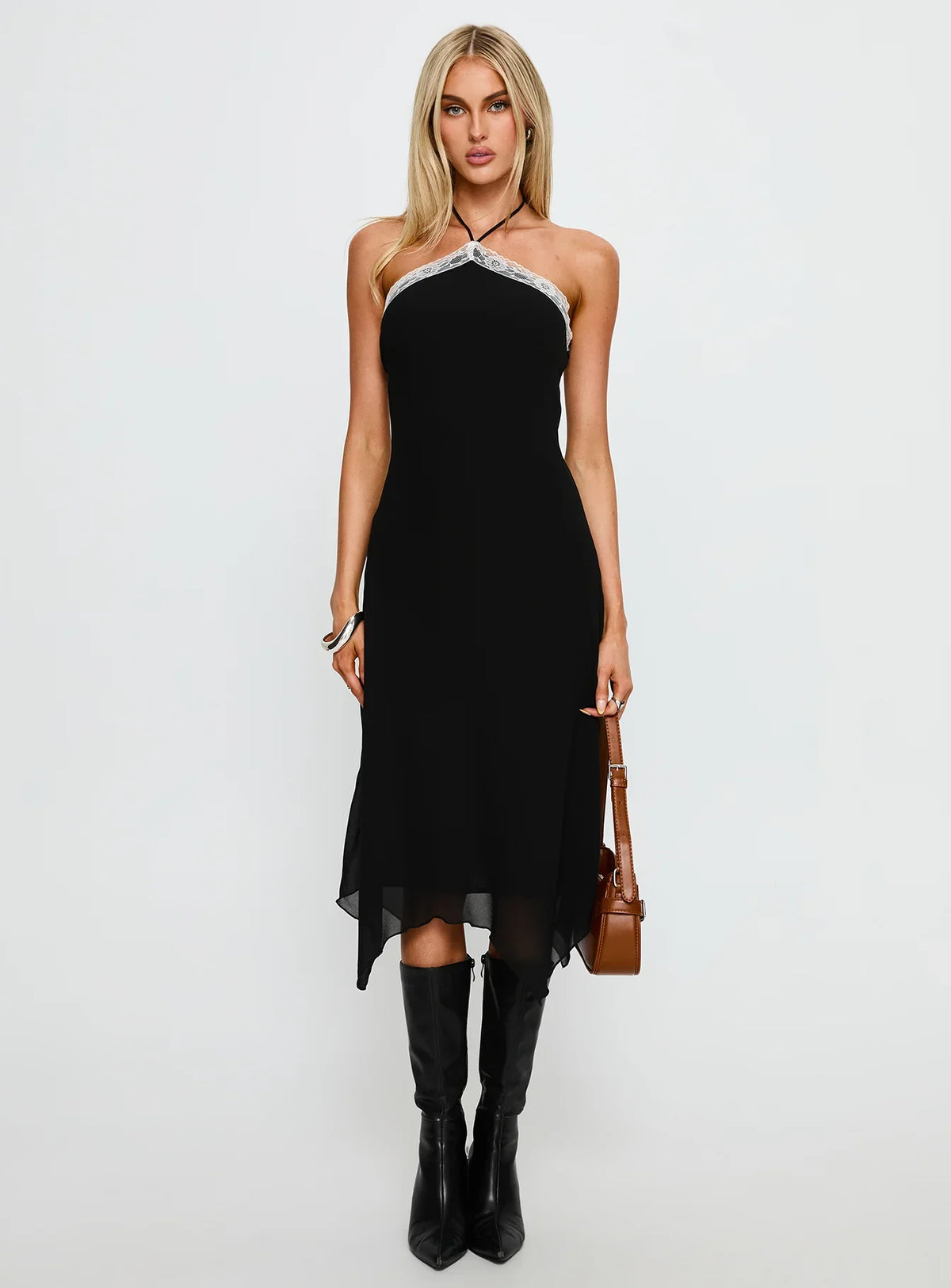 Naila Halter Lace Trim Midi Dress Black