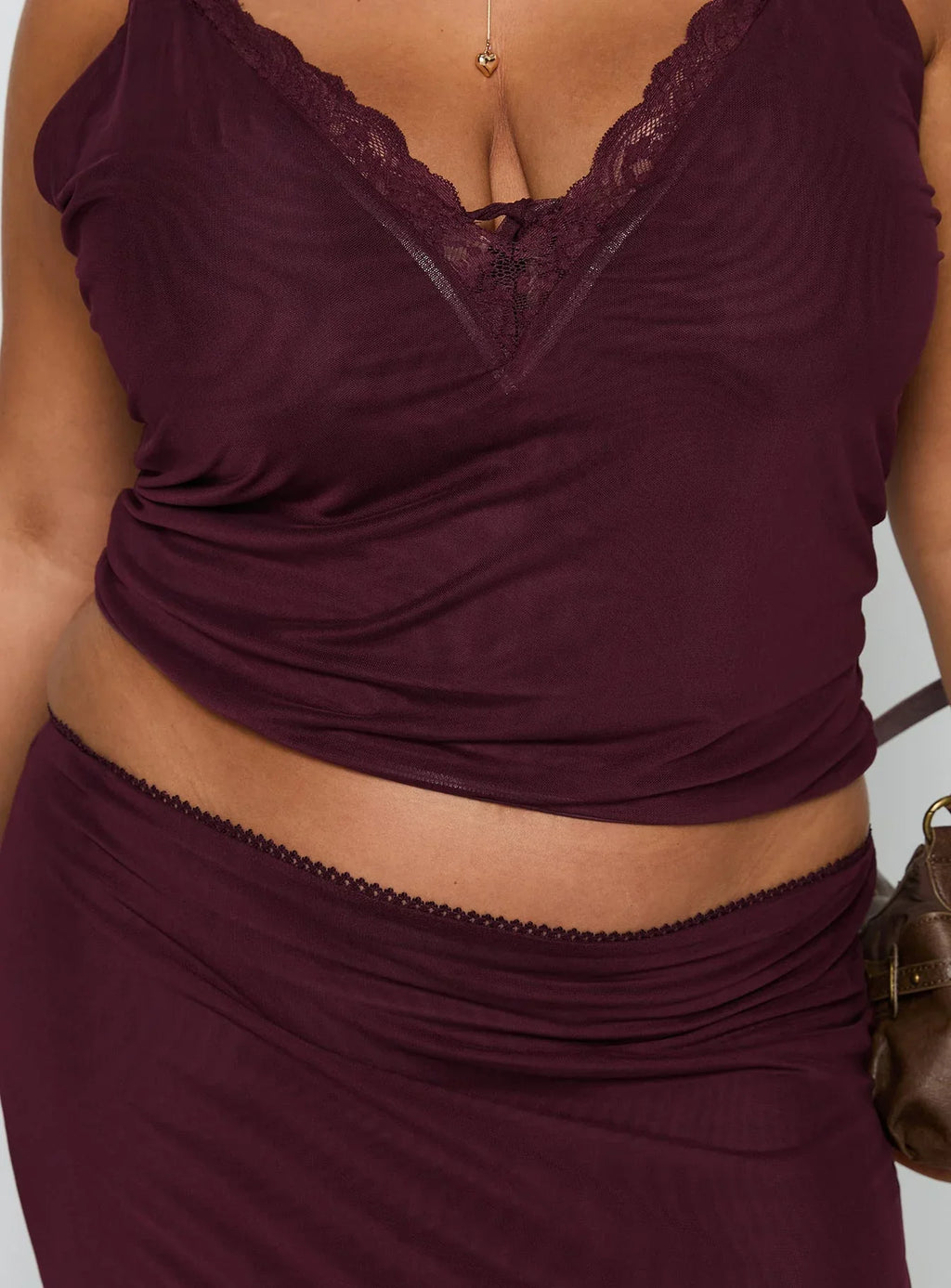 Reiko Lace Trim Tie Front Maxi Set Burgundy Curve