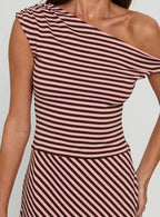 My Fun Off Shoulder Jersey Mini Dress Pink Brown Stripe