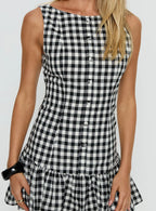 Kolbie Boat Neck Frill Mini Dress Black White Check