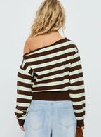 Zinia Off Shoulder Knit Sweater Brown Blue Stripe