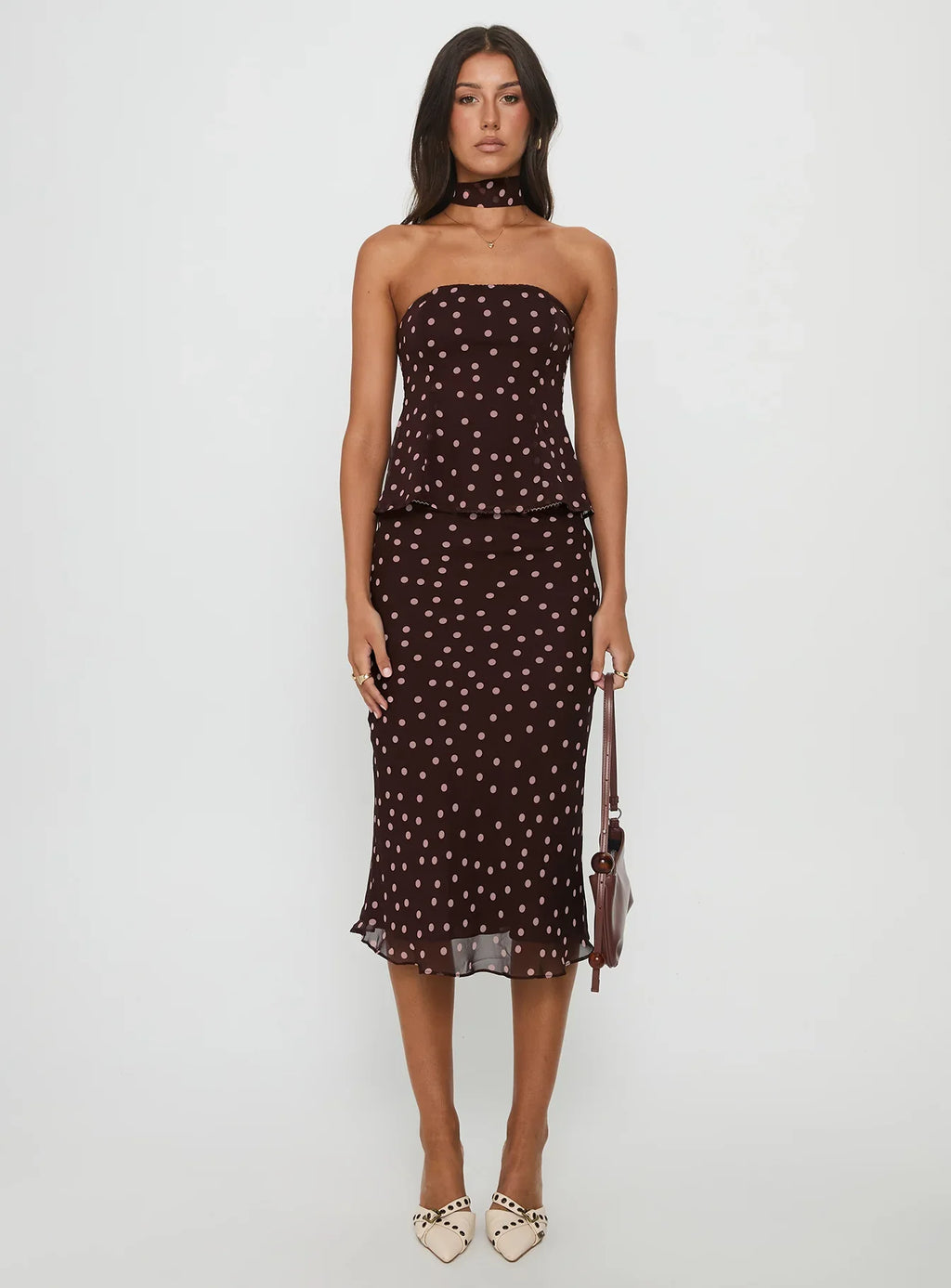 Sydni Midi Bias Cut Skirt Chocolate Pink Polka