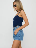 Tropicana Denim Eyelet Detail Shorts Mid Blue